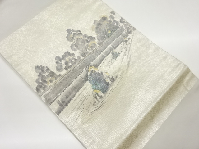 金銀彩螺鈿手描き枯山水に庭園風景模様名古屋帯